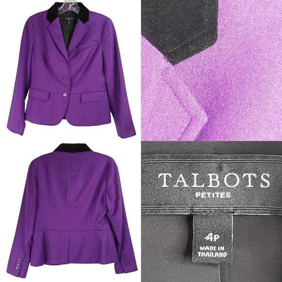 Talbots Blazer Womens Size 4p Petite Wool Blend Purple Button Equestrian Velvet - Picture 1 of 9